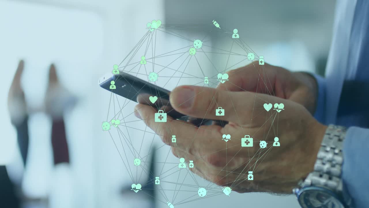 animación de la red de conexiones a través de una persona que utiliza un teléfono inteligente