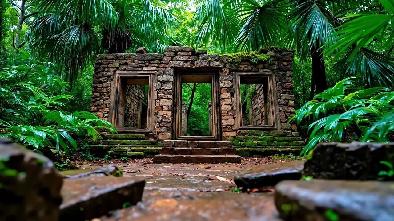A stone building in the middle of a lush green forest