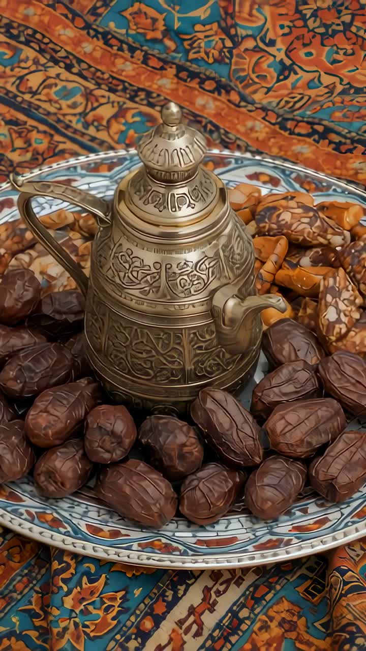 Vertical video: Panning camera up and right, revealing brass dallah pot with dates on patterned rug
