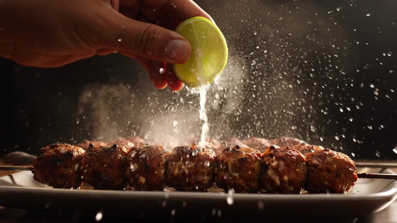 Käsi puristamassa tuoretta limemehua kuumien grillattujen lihavartaiden päälle