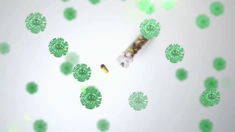 animation of floating macro covid-19 cells over falling box of pills