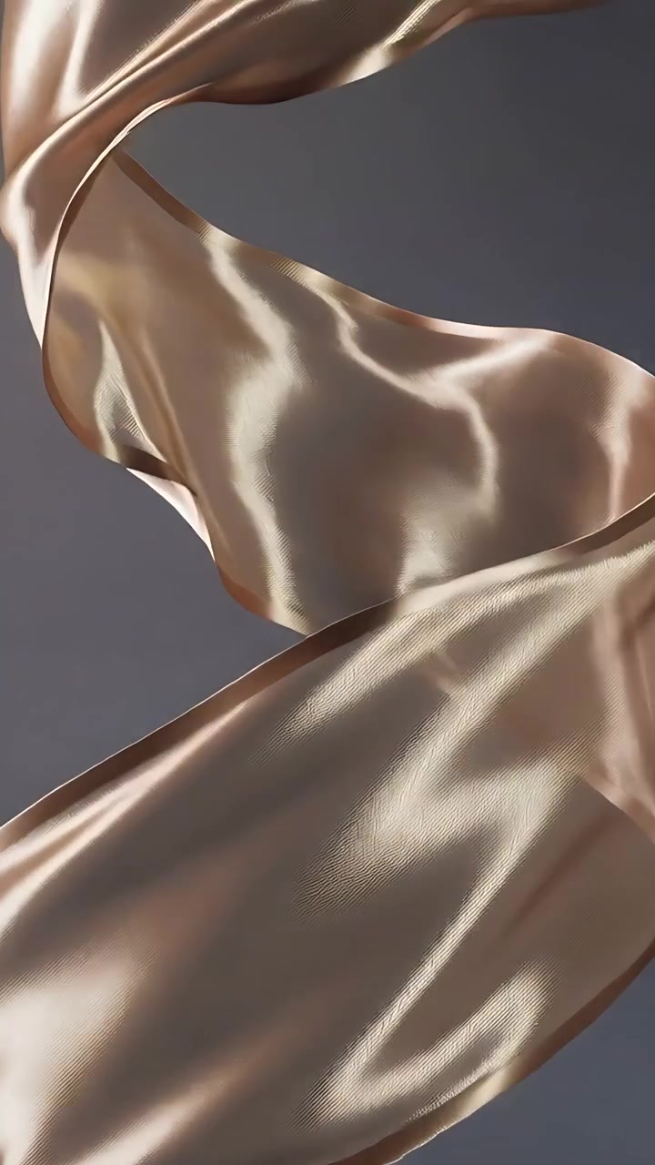 Video verticale: Nastro di raso a spirale mosso dal flusso d'aria, che scende in studio con riflessi di luce.