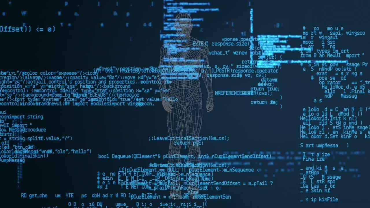 Animation of human body model over data processing in blue and black space