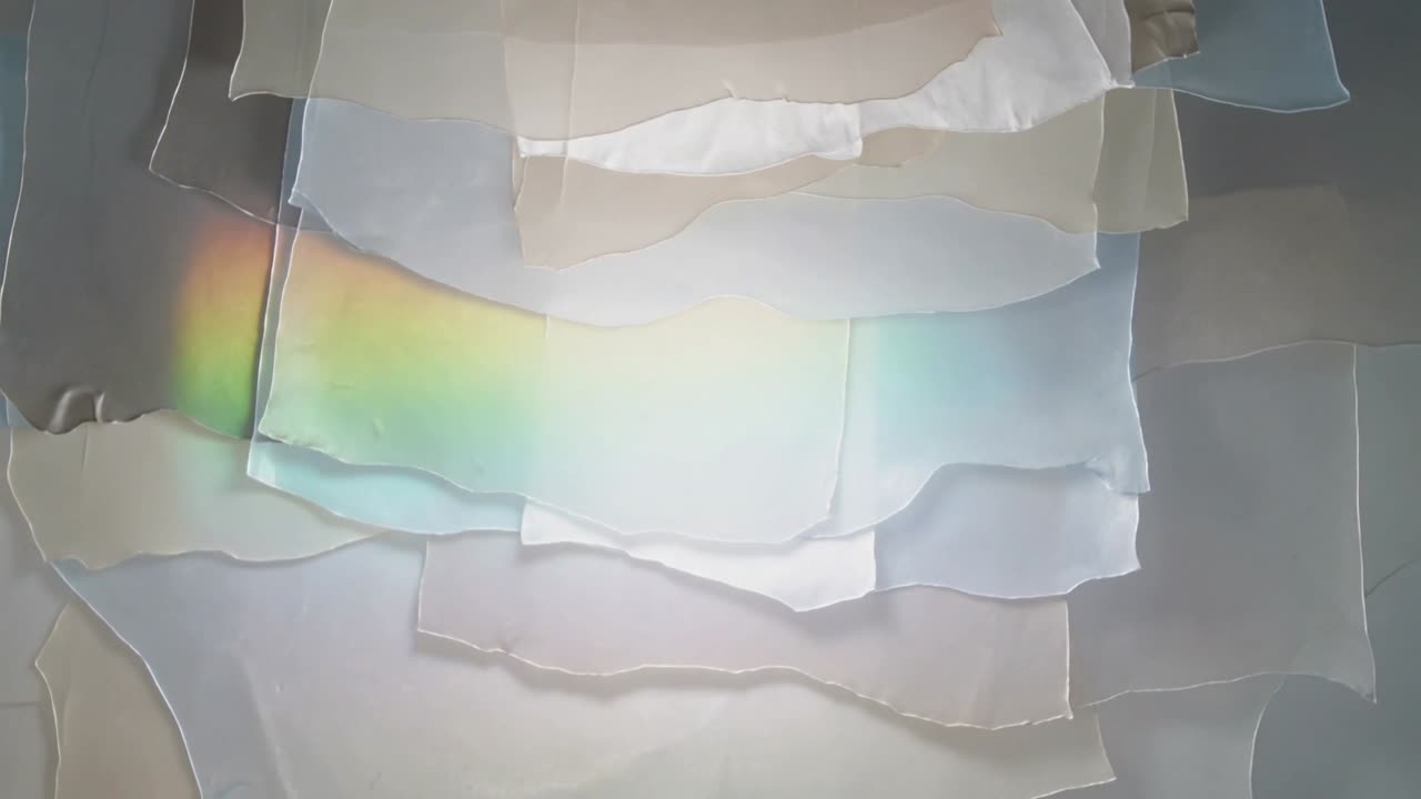 Shifting prism light moving across stacked thin sheets with torn edges close-up making rainbow band