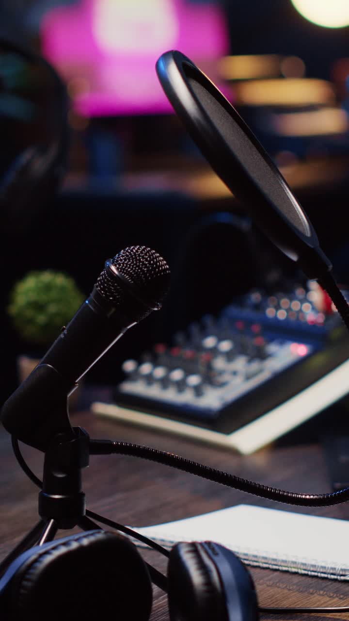 Video verticale. Primo piano di un microfono radio specializzato utilizzato in uno studio personale domestico da un DJ.