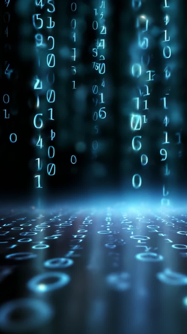 Mysterious Digital Realm: Enchanting Blue Binary Matrix Neurons Glowing Above a Reflective Surface with Illuminated Numbers and Soft Light Gradients