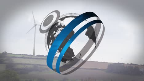 animation of globe spinning with network of connections and wind turbine