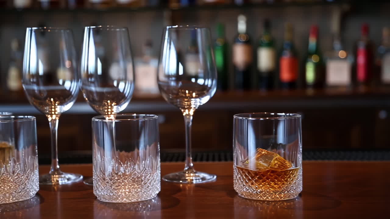 Assortment of Glasses on a Bar Counter with Liquor Bottles in the Background
