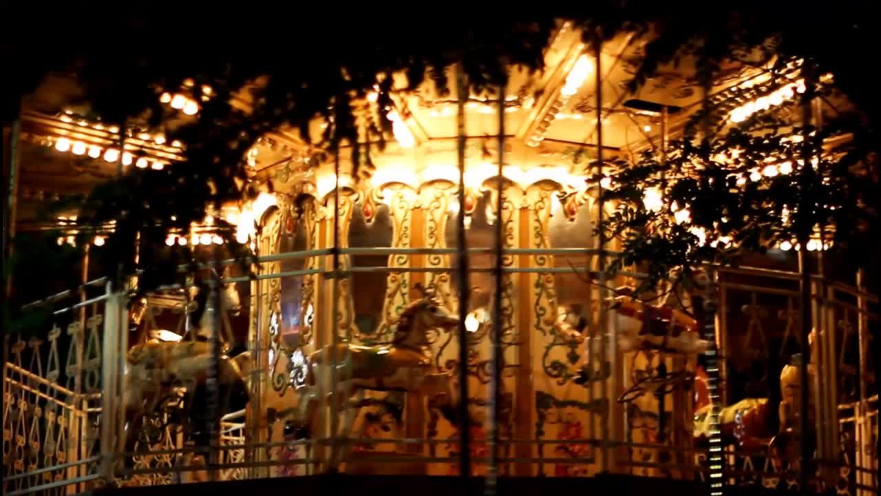 Carousel horses spinning in circles on a merry go round at night