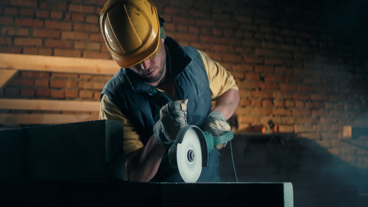 Construction Worker Cutting Stone
