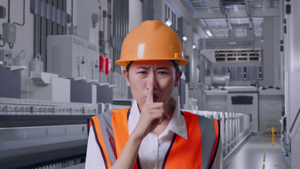 Close Up Of Asian Female Engineer With Safety Helmet Making Shh Gesture At Pharmaceutical Factory, Vaccine Production Facility