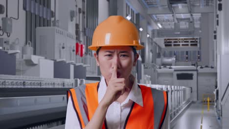 close up of asian female engineer with safety helmet making shh gesture at pharmaceutical factory, vaccine production facility