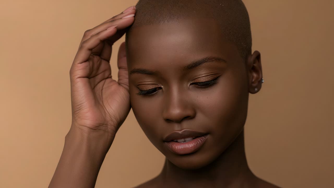 Skiftende, barberet model poserer med hånden ved tindingen på fotografens anvisning i et studie, der viser en guld øjenskygge