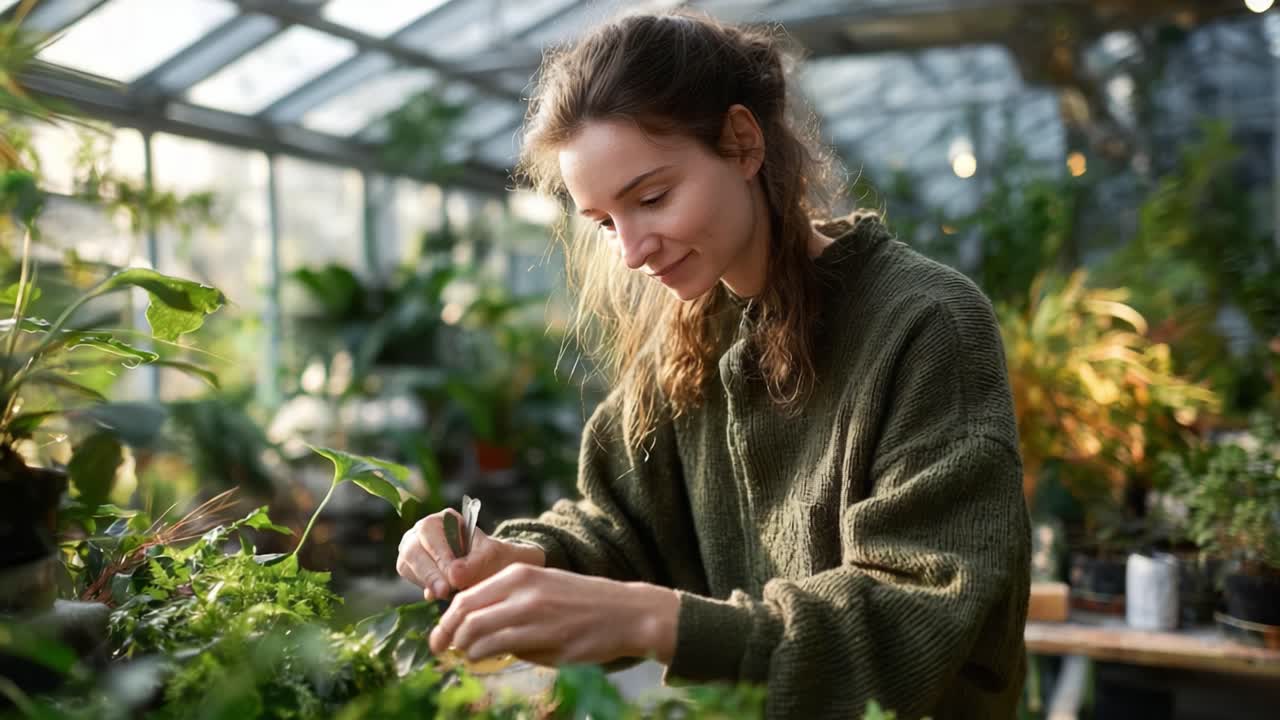 A Passionate Gardener Nurturing Plants with Care in a Bright Greenhouse, Showcasing the Art of Plant Care and Connection with Nature