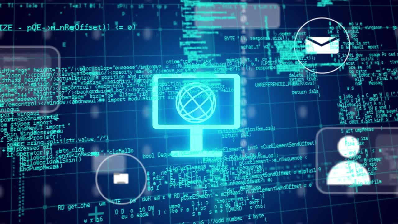animación de iconos digitales y procesamiento de datos sobre un fondo azul.