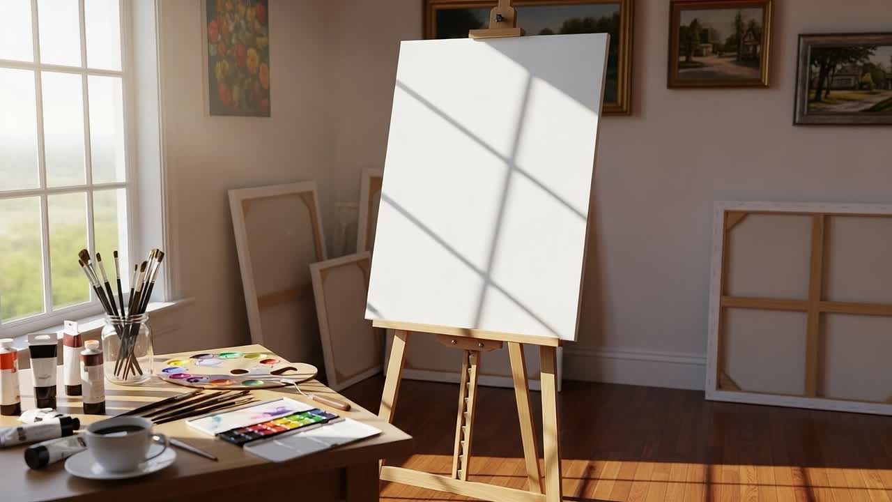 A Serene Art Studio: The Perfect Setting for Creativity and Inspiration as Starlight Filters Through the Window, Casting Beautiful Shadows on a Blank Canvas