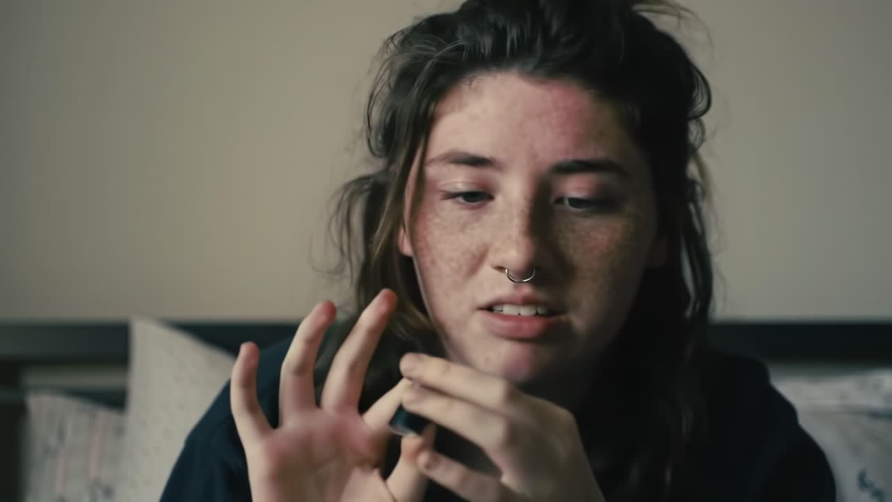 A Reflective Moment: Exploring Emotions and Thoughts in a Quiet Room as the Subject Interacts with Their Surroundings, Capturing an Intimate Journey of Self-Discovery