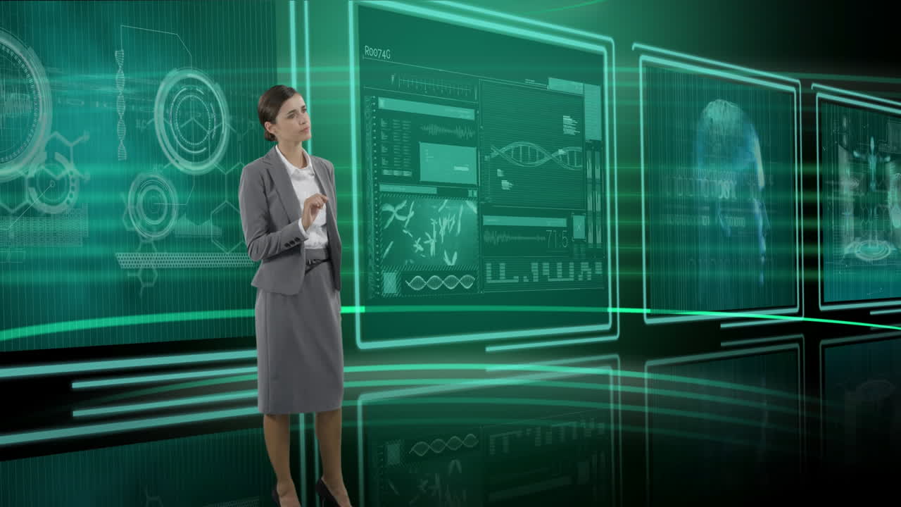 Business woman is tapying on screen with digital background