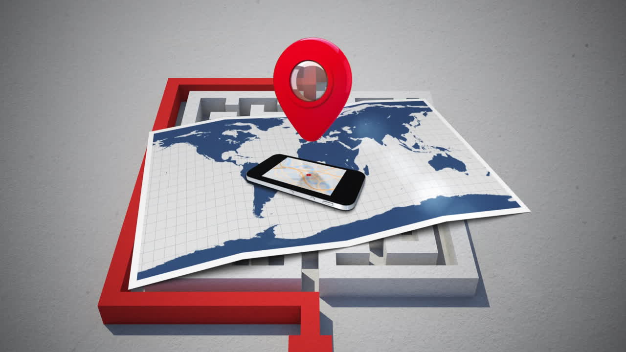 animación de la etiqueta roja y el laberinto sobre el teléfono inteligente y el mapa