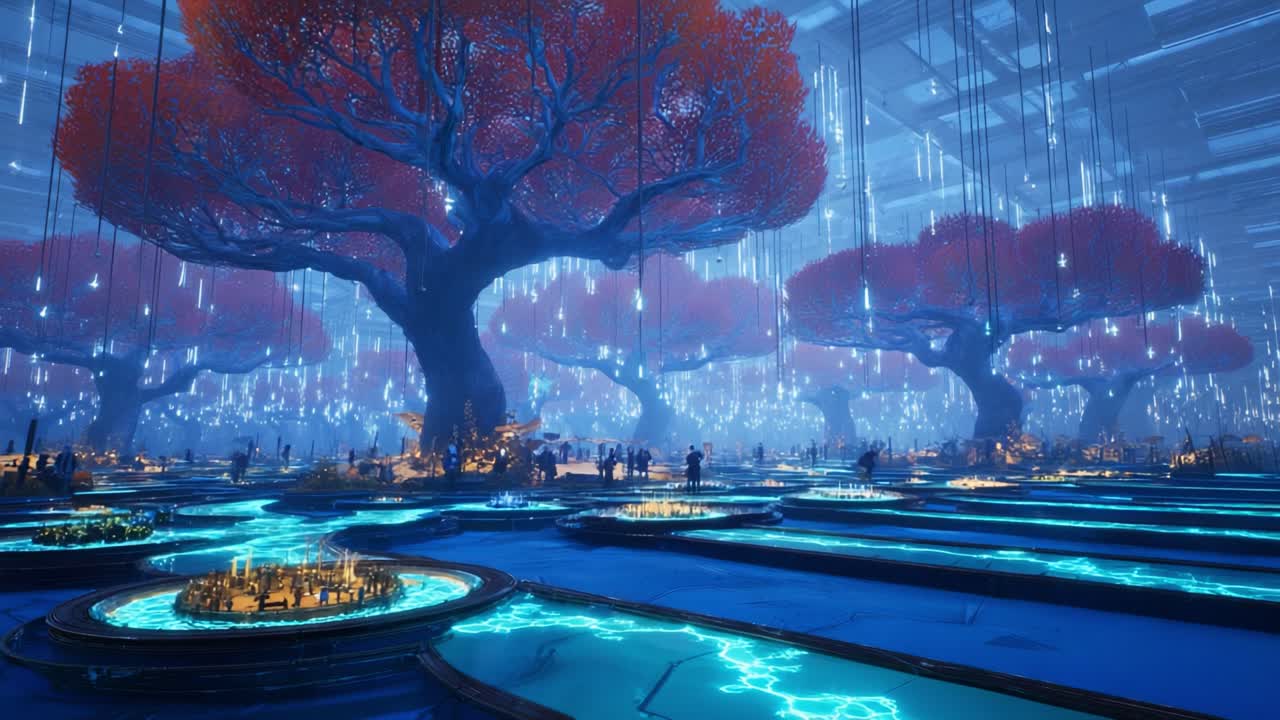 A breathtaking digital landscape featuring massive vibrant trees with glowing blue streams and ethereal lights, creating an otherworldly atmosphere filled with intriguing characters and futuristic elements