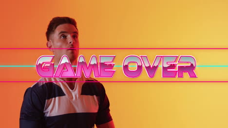 game over text animation over surprised man in sports jersey