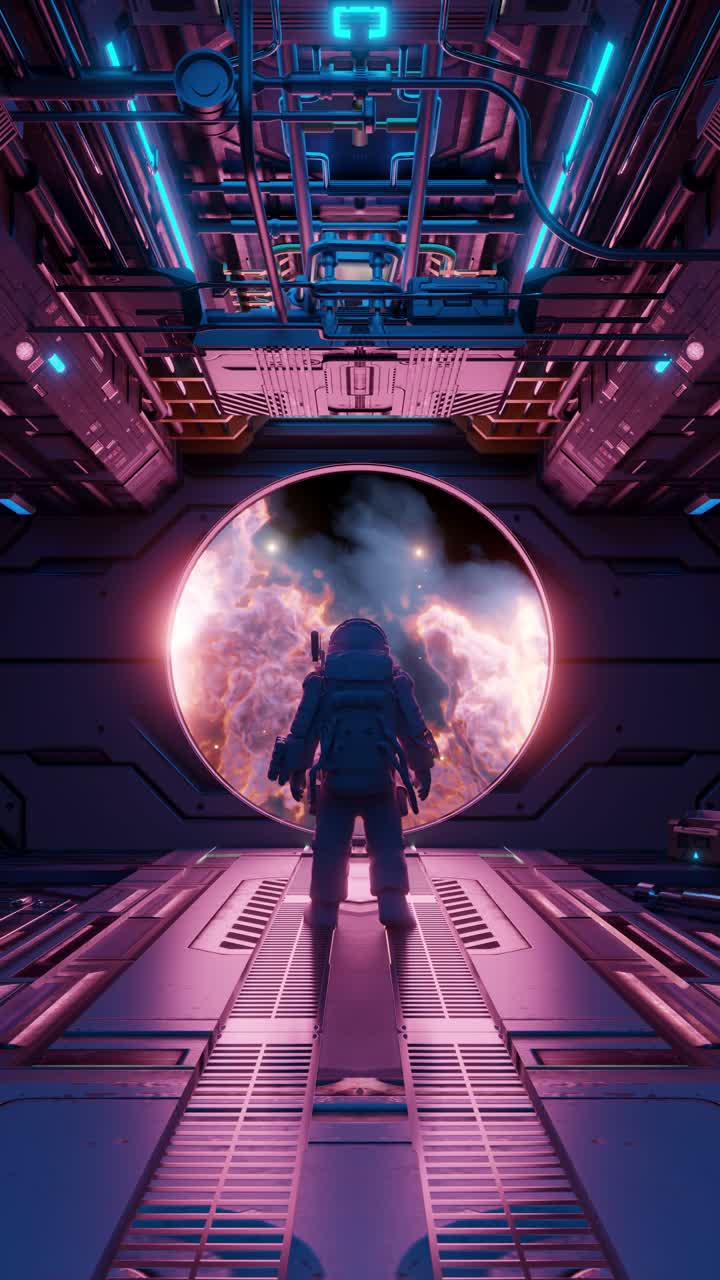 Lone astronaut contemplating nebula from spaceship