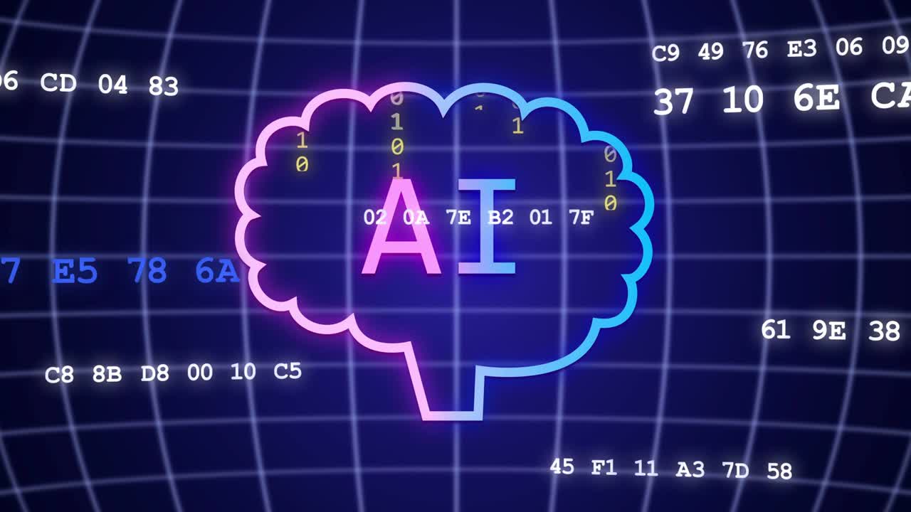 Neon-tekoälyaivot sykkivät, kun kuplat liukuvat sisään, käynnistäen binäärivirtoja ja visualisoiden dataa ruudukolla.