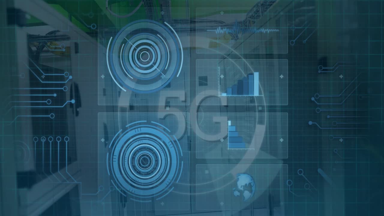 animación del escaneo de alcance con procesamiento de texto y datos 5g sobre la sala del servidor