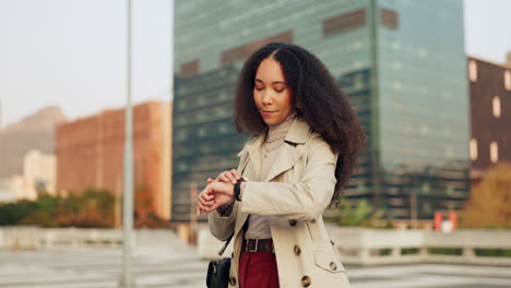 Business-woman,-street-and-check-watch-for-time