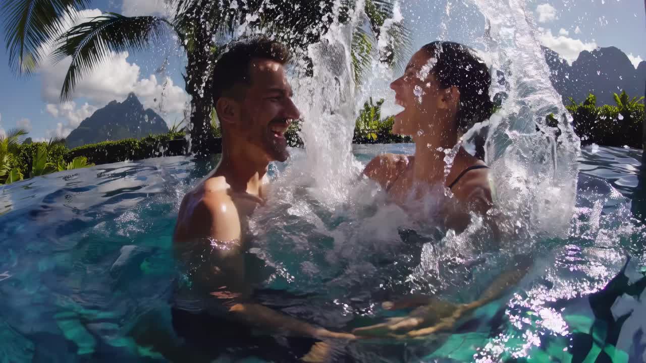 Wide-angle video shot of two people in a pool with a tropical backdrop