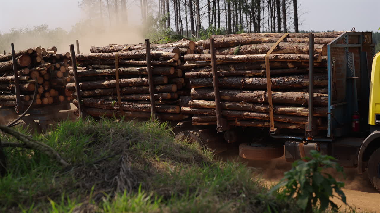 A truck loaded with wooden logs drives on dirt road in a forest, representing timber transport and forestry work
