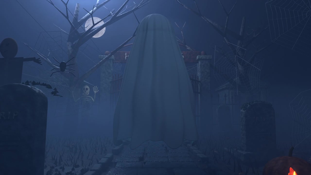 Ghost in spooky cemetery zooming in on Halloween 2026 sign