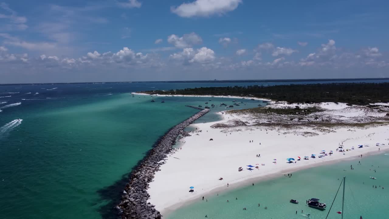 Reveal Aerial drone shot of Shell island jetties lagoon on Florida&rsquo;s Emerald Coast