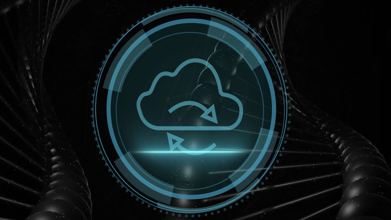 Animation of cloud synchronization icon with rotating digital interface background