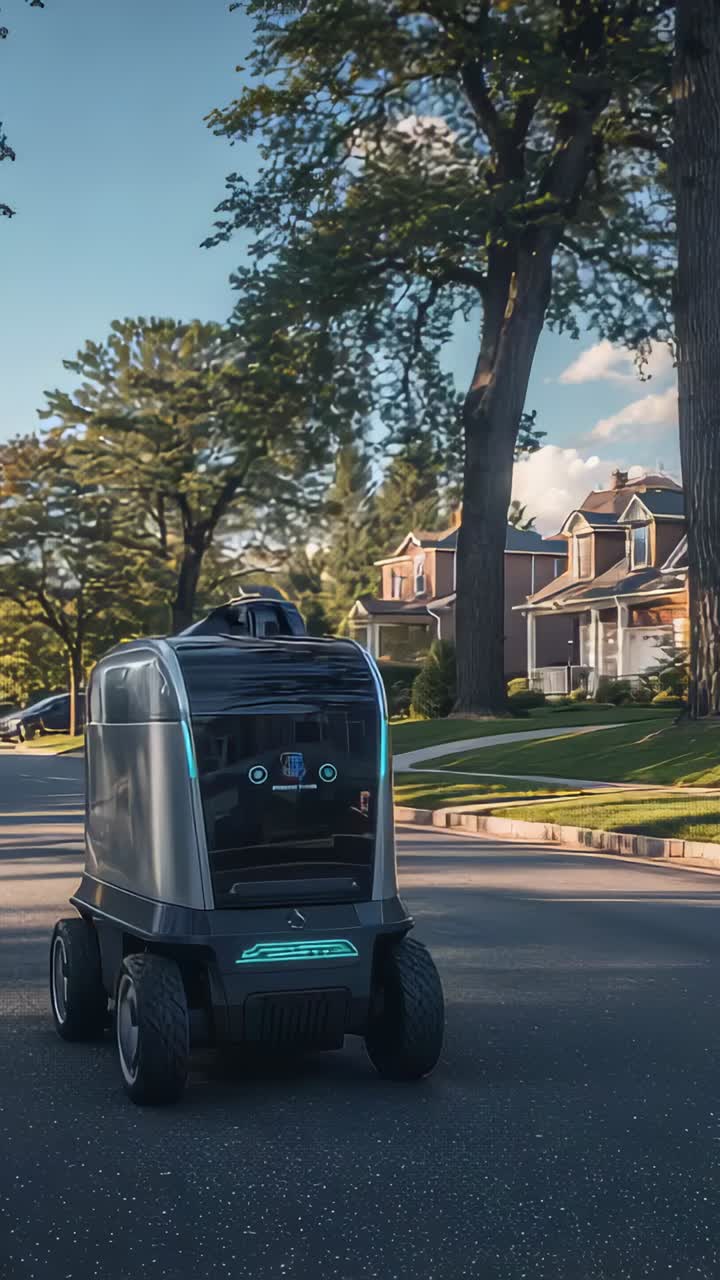 Vertical video: Receiving route command, autonomous robot rolling along suburban street, delivering