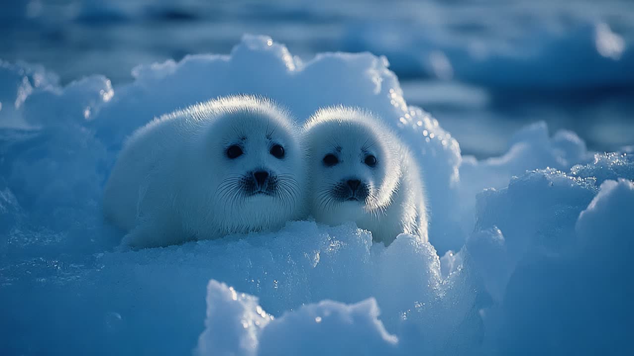 Charming Seal Pups Nestled Amongst Ice: A Heartwarming Sight of Innocence and Nature's Beauty Captured in Frosty Environments