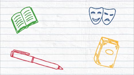 animación de pictogramas de teatro sobre un fondo de rayas blancas.