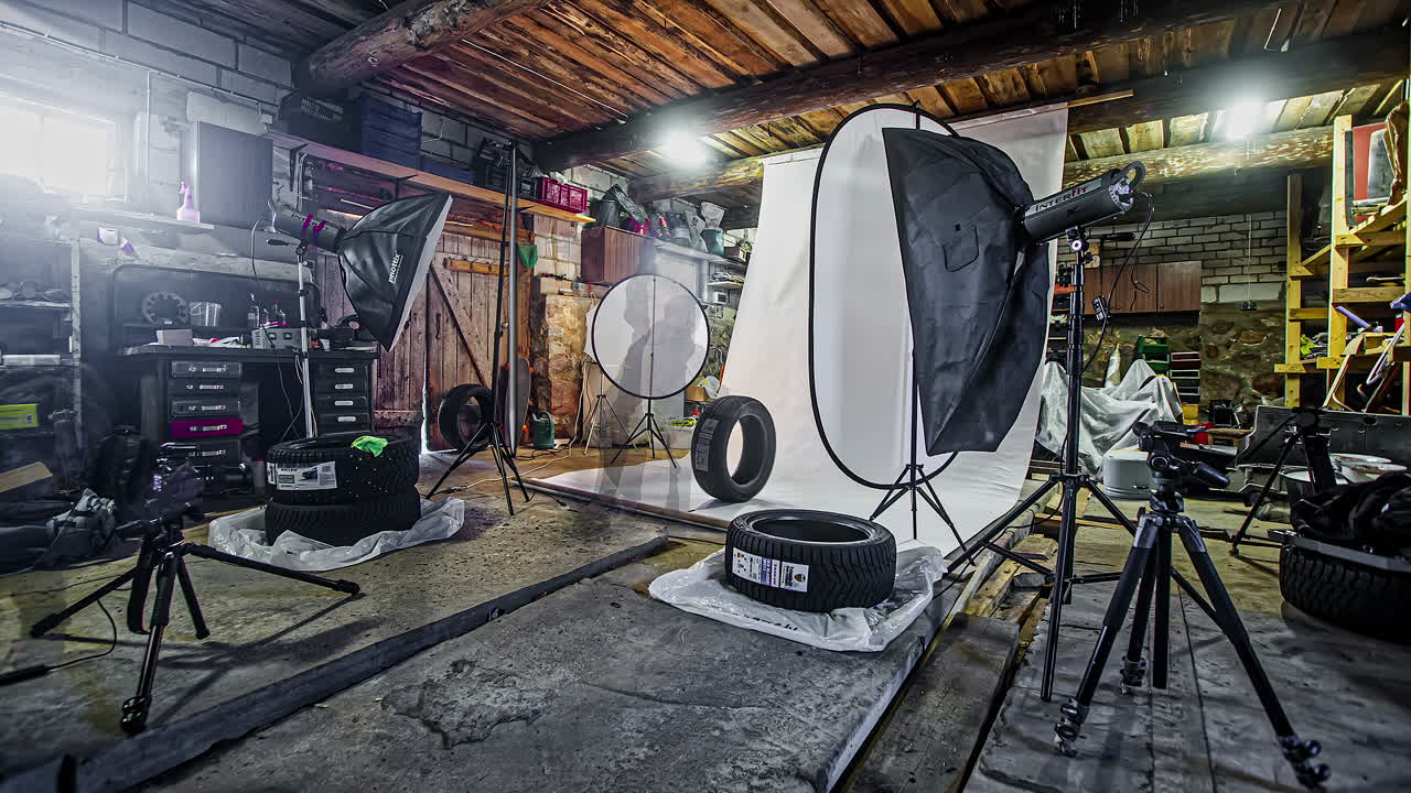 스튜디오 안에서 바쁜 사진작가와 새 자동차 타이어 광고 촬영의 저속 촬영