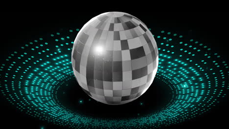 animation of retro disco mirror ball and glowing green light on black background
