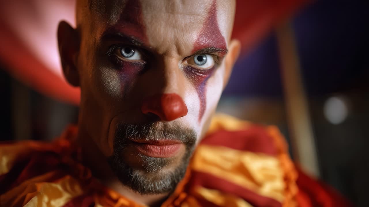 Close-up intenso de um palhaço com maquiagem marcante e expressões fortes, capturando a essência da mística carnavalesca e da arte performática excêntrica