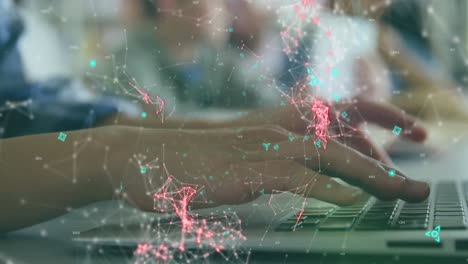 animation of qr code scanner over mid section of a woman using a laptop at office