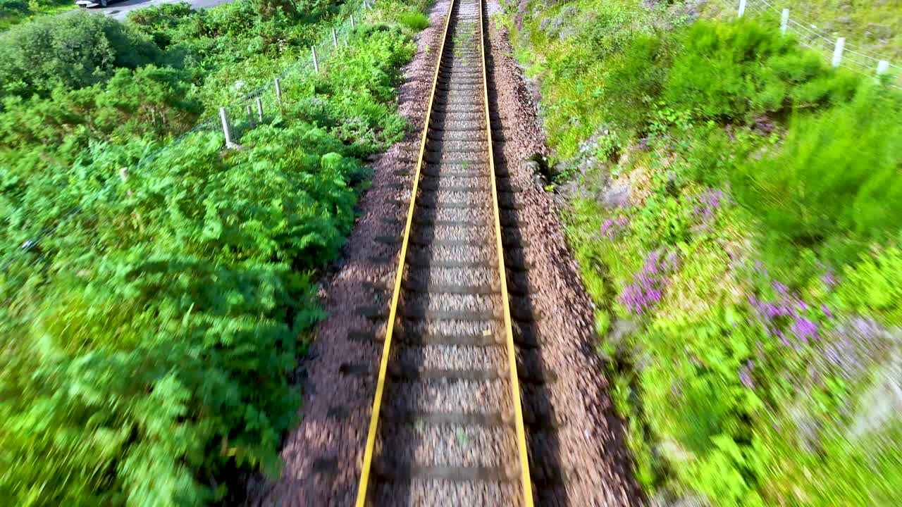 Forward-facing view from a moving train traveling along single railway tracks through lush, green Scottish Highlands under bright daylight, with smooth camera motion and vibrant natural scenery