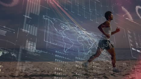 animación del procesamiento de datos sobre un hombre en forma corriendo en la playa