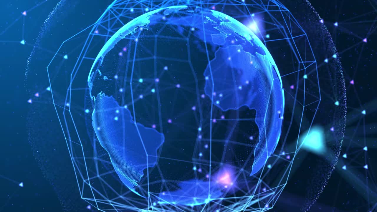 Rotating globe with shining continents 4k 3d loop animation with alpha technology network data
