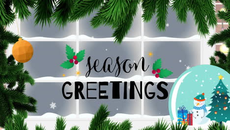 animation of season greetings text over snow falling, fir trees and window