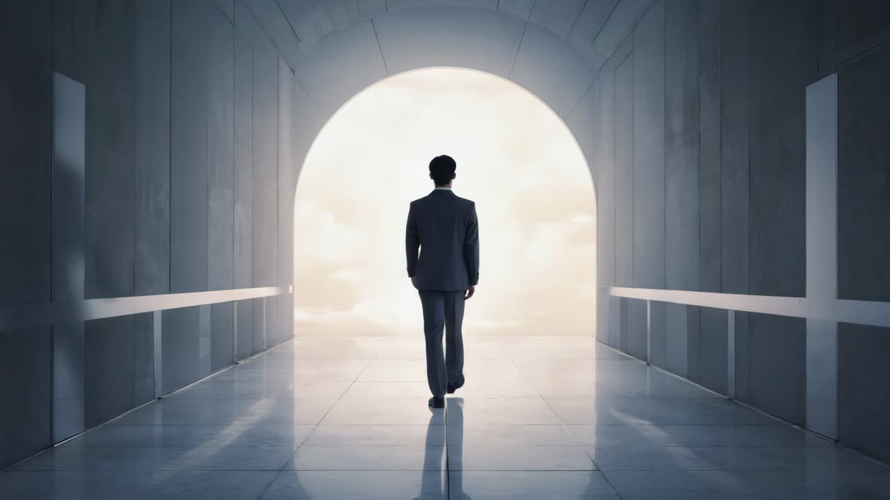 A businessman walking towards a bright future