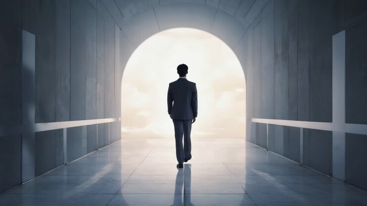 Un uomo d'affari che cammina verso un futuro luminoso