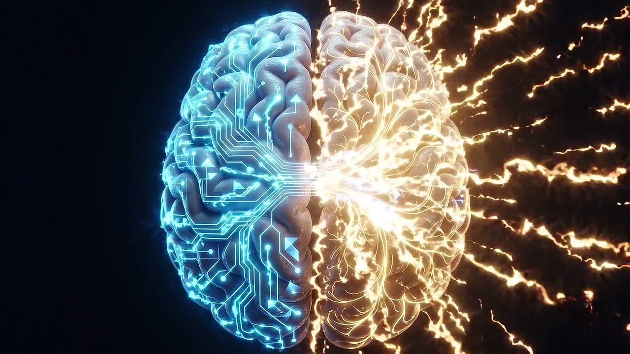 Cervello umano sezionato che mostra emisferi neurali blu e dorati a contrasto