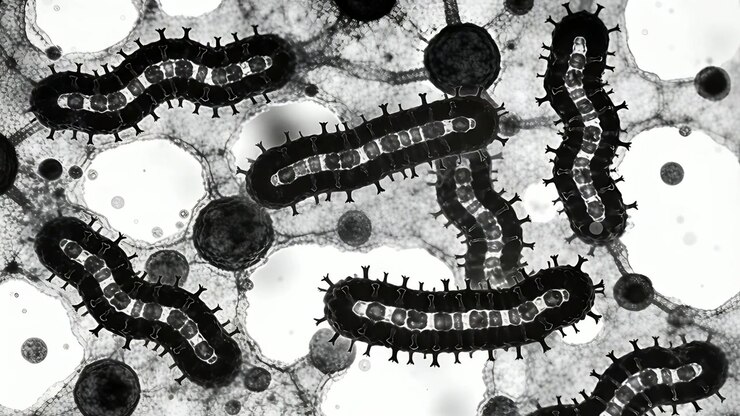 Grappolo in movimento di vermi segmentati che si sposta attraverso una rete a nido d'ape al microscopio, attraversando nodi scuri.
