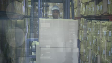 animation of financial data processing over man working in warehouse